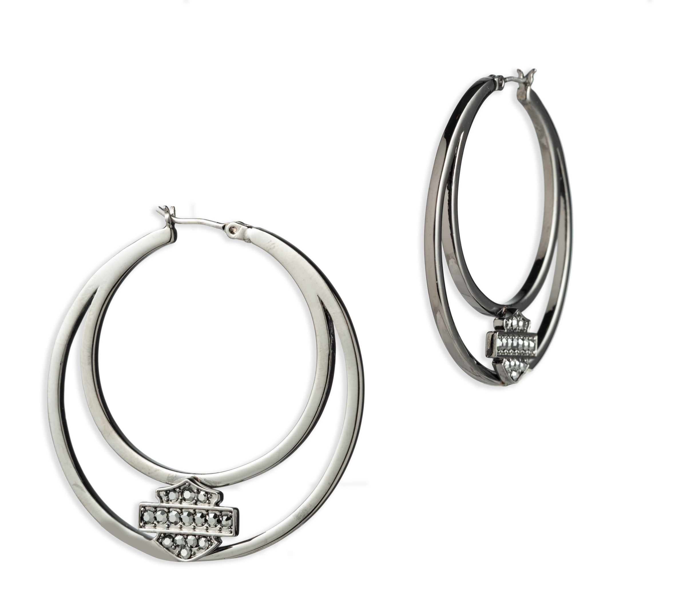 Pendientes de aro grandes con barra y escudo de hematita® para mujer de  Harley-Davidson®, image size:2360x2132