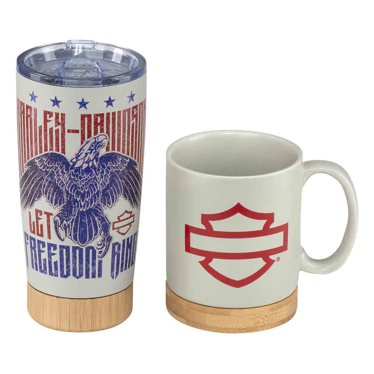 Harley-Davidson 1970's Eagle Mug/Travel Coffee Mug Set, Red, Blue, Cream