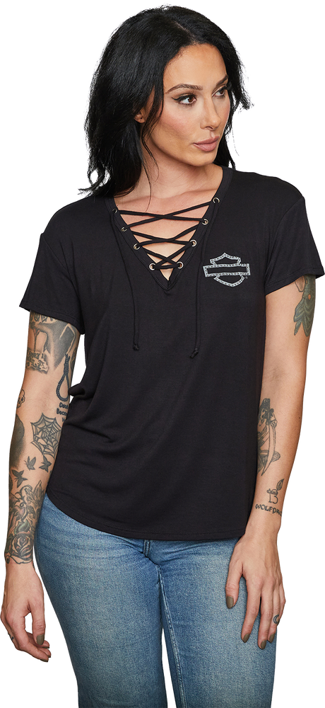 
                  
                    Harley-Davidson® Women's Hothead Bob Short Sleeve V-Neck T-Shirt | Rhinestone Embellished
                  
                