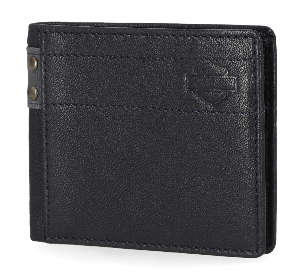 Harley-Davidson® Men's Calvary Canvas Genuine Leather Billfold Wallet | RFID Protection | Peacoat Blue