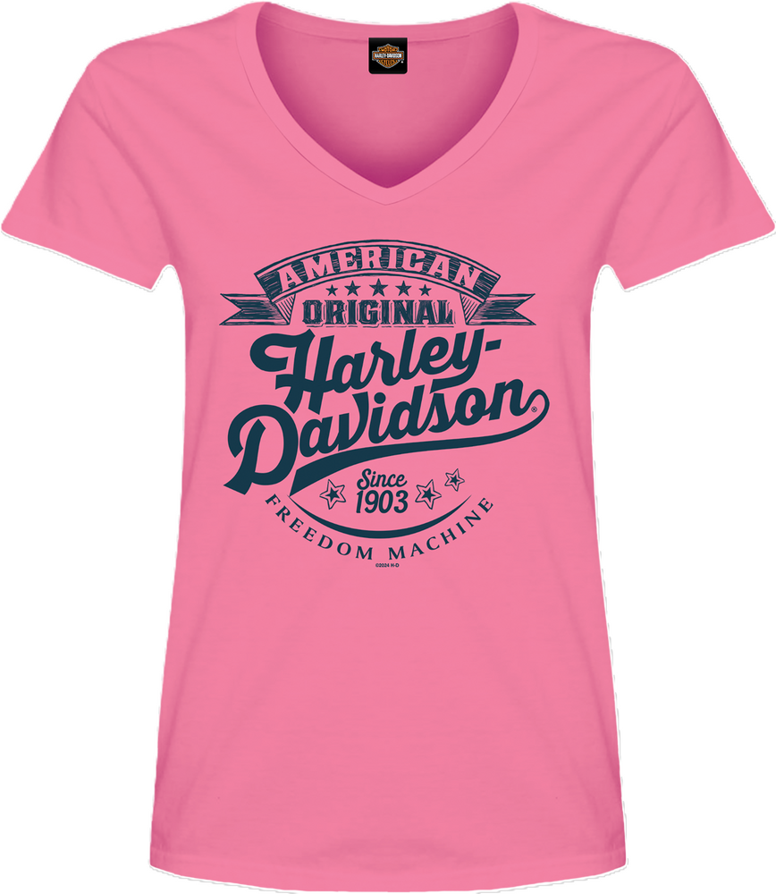 
                  
                    Harley-Davidson® Ladies Tail Across  V-Neck T-Shirt | Pink | Short Sleeves
                  
                