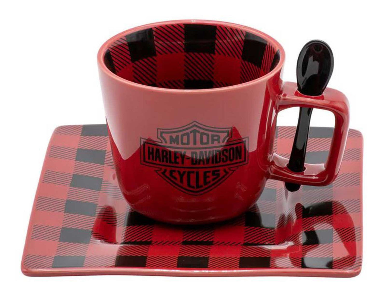 Harley-Davidson Holiday Plaid Mug and Saucer Set, Black, Red, White