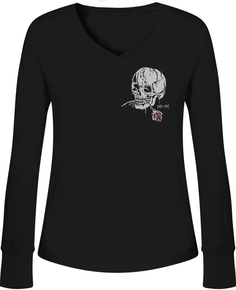 Harley-Davidson® Ladies Skull Rose Long Sleeve V-Neck T-Shirt | Thumbholes | Black