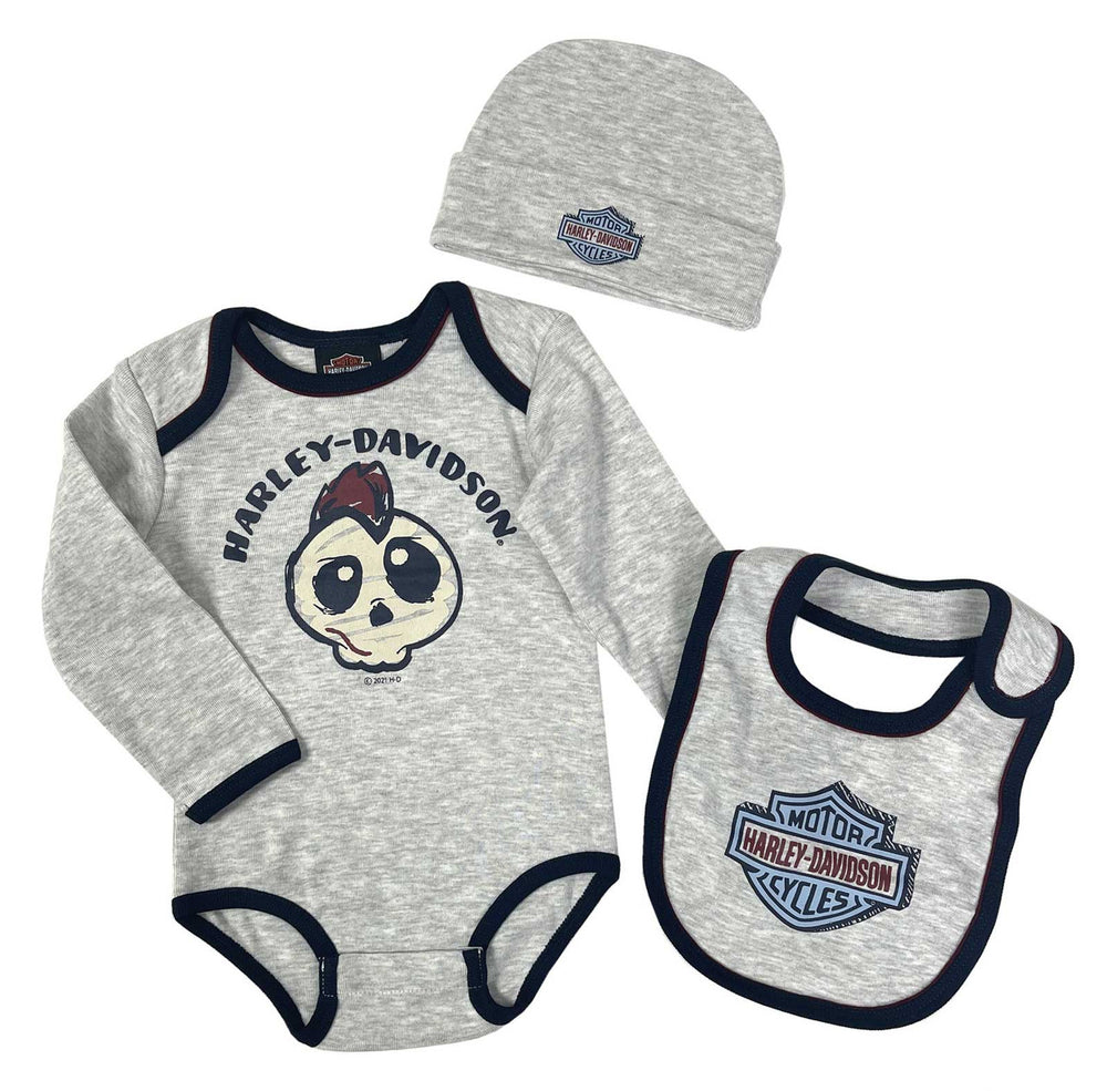 Harley-Davidson® Newborn Boys' 3-Piece Bodysuit, Bib & Beanie Set | Light Grey