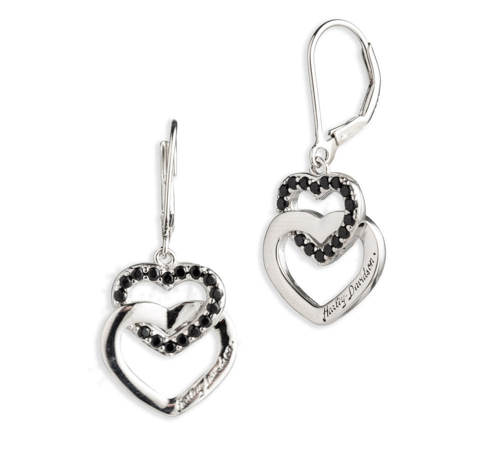 Harley-Davidson® Women's Interlocked Double Heart Drop Earrings | Jet Cubic Zirconia Embellishments