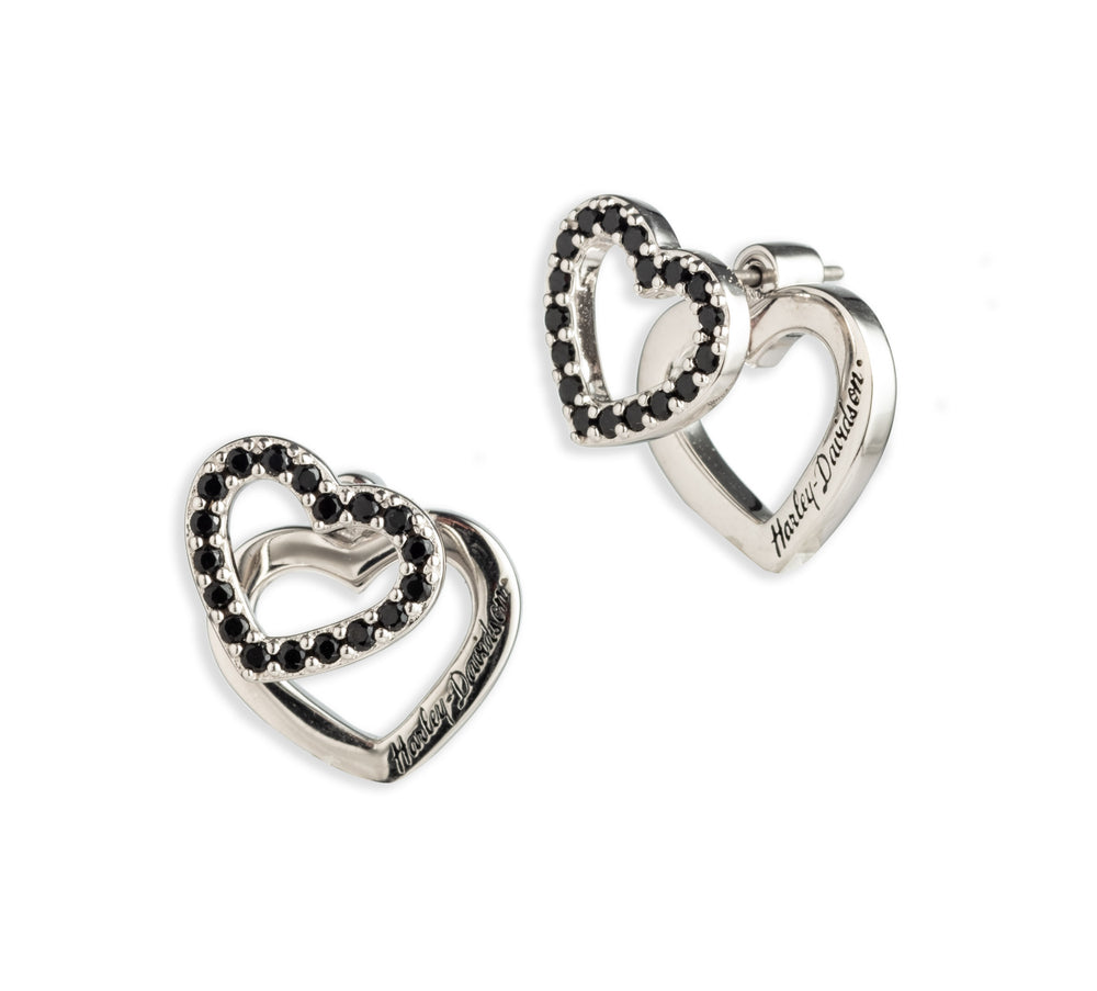 Harley-Davidson® Women's Interlocked Double Heart Post Earrings | Jet Zirconia Embellishments