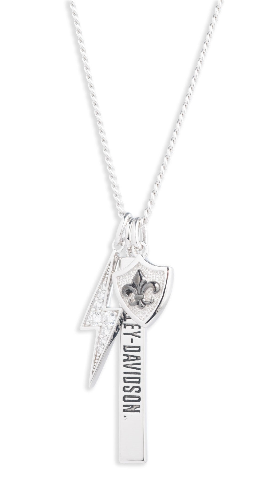 
                  
                    Harley-Davidson® Lightning Three Charm Pendant Necklace | Sterling Silver
                  
                