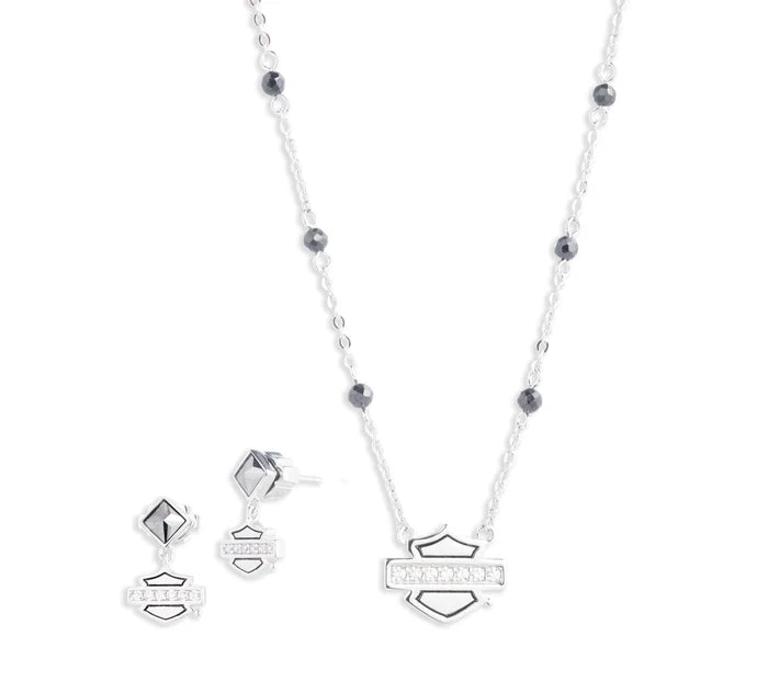 Harley-Davidson®  Bar & Shield® Rosary Necklace and Earring Set | Sterling Silver