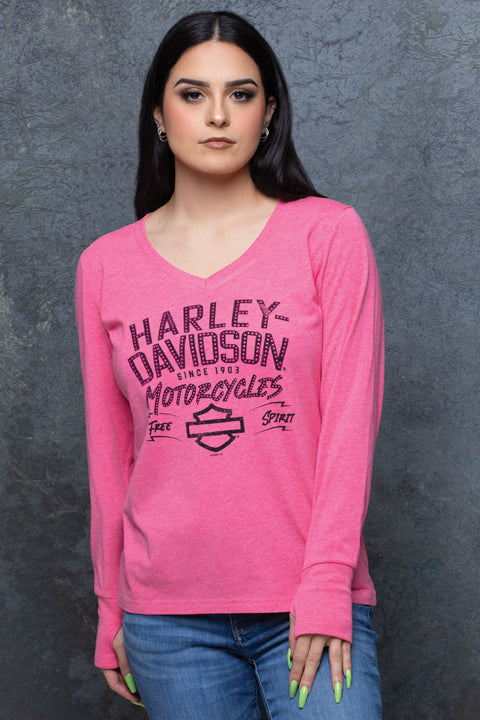 Harley-Davidson® Ladies Worn Text V-Neck Long Sleeve T-Shirt | Thumbholes