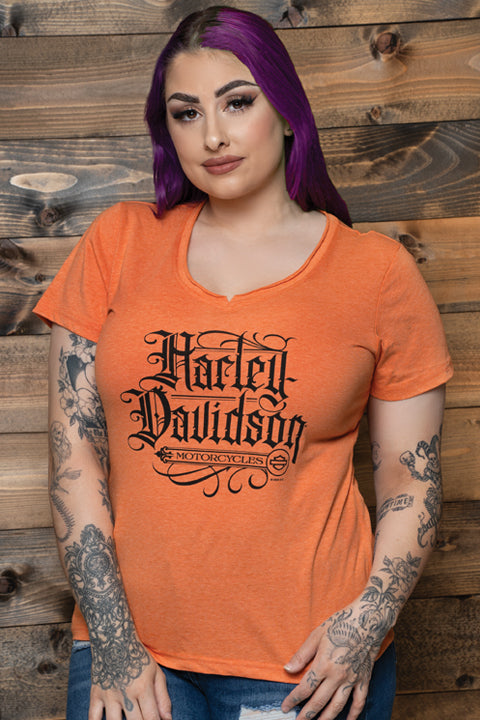 Harley-Davidson® Ladies 2 Whirl Short Sleeve Notched  V-Neck T-Shirt | Orange
