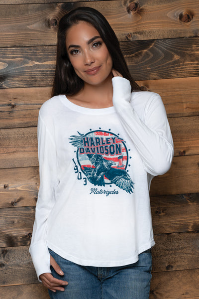 ◆Harley Davidson◆ Iconic Logo Long Sleeve T-Shirt White HH Harley-Davidson Men's Distressed Freedom Fighter Long Sleeve