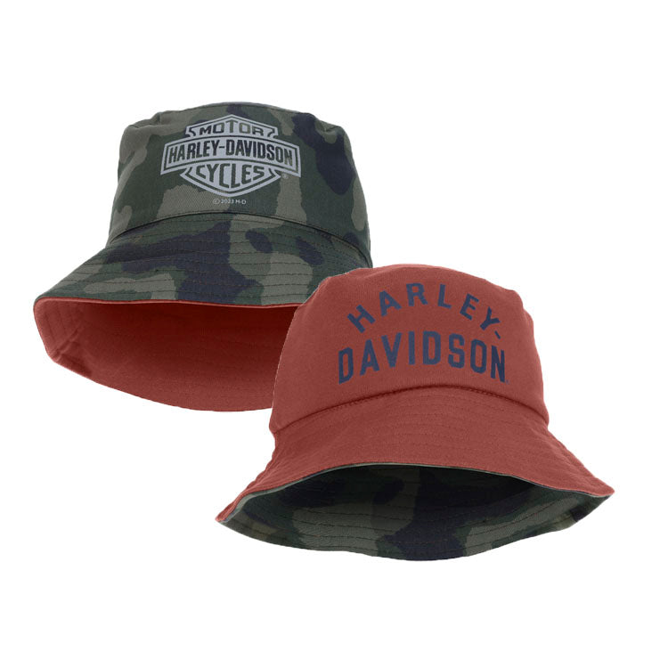 
                  
                    Harley-Davidson® Boys' Reversible Bucket Hat | Orange Reverses To Camo Print
                  
                