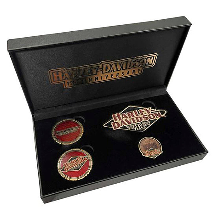 Harley-Davidson® 120th Anniversary Celebration Gift Box Set | Two Challenge Coins | Embroidered Emblem | Commemorative Pin | Collectors' Quality