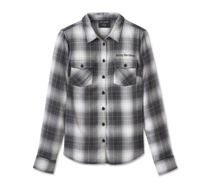 Harley-Davidson® Women's Stacked Bar & Shield Long Sleeve Viscose Shirt - Plaid - Harley Black & Quiet Shade