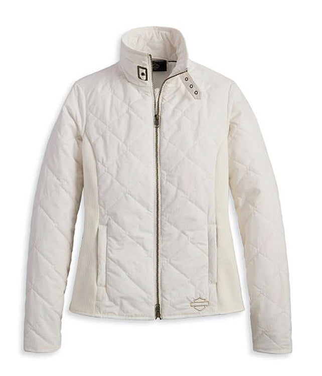 Women White Quilted Zippers Leather Jacket