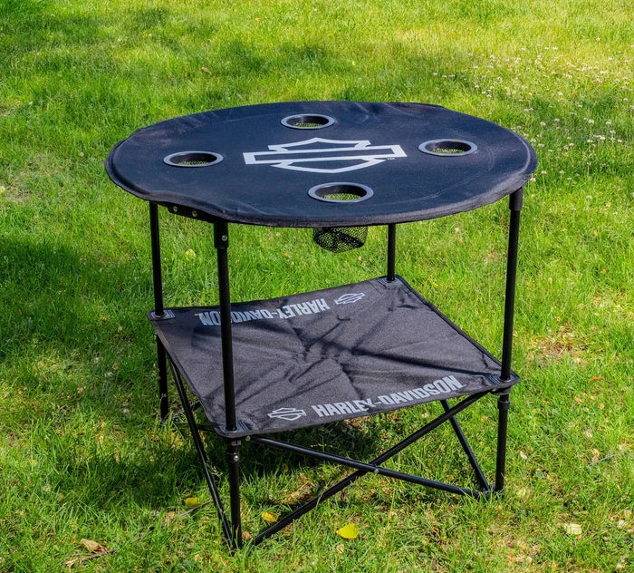 
                  
                    Harley-Davidson® Open Bar & Shield® Round Folding Table | Includes Cup Holders
                  
                