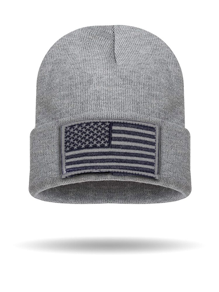 That's A Wrap!® Men's Patriotic Flag Cuffed Knit Beanie  |  Grey Flag