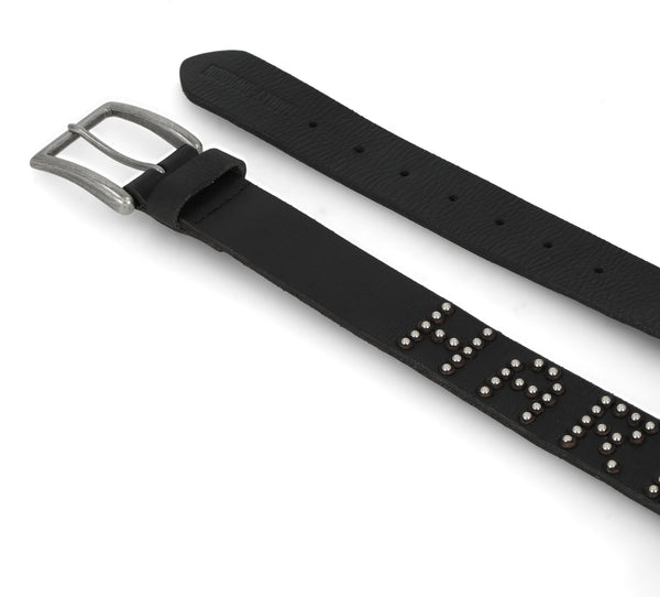 ベルト LOW CLASSIC : 24SS / SYMBOL BELT (BLACK) Black belt with triangle metal logo buckle brand GUESS