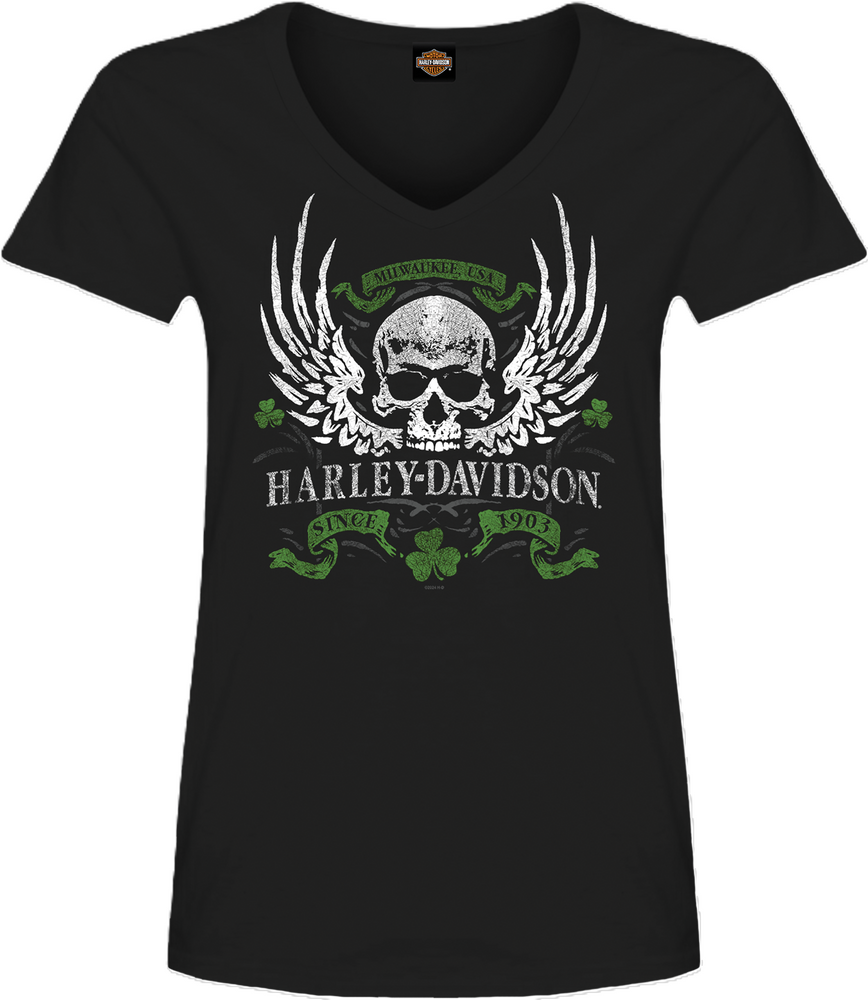 Harley-Davidson® Ladies Clover Wing  V-Neck T-Shirt | Black\Green | Short Sleeves