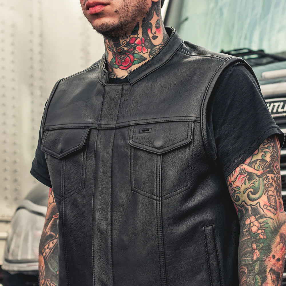 First Manufacturing Men s Sharp Shooter Leather Motorcycle Vest House of Harley