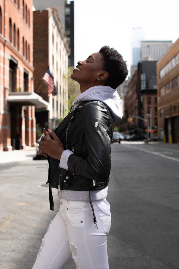 Mauritius Women s Freda Leather Jacket Grey Hoodie Insert House of Harley