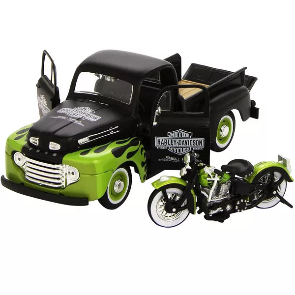 
                  
                    1:24 Die-Cast Vehicle Model 1948 Ford F-1 Pickup & 1948 FL Panhead Black & Green Harley-Davidson® | Collectible Maisto®
                  
                