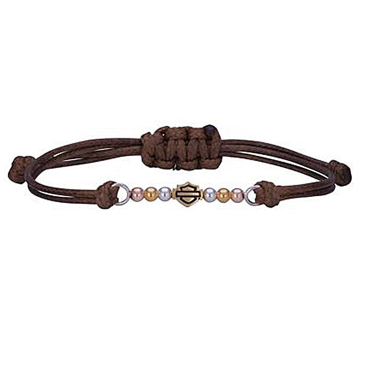 Harley-Davidson® Women's Multi-Colored Beaded Bracelet | Bar & Shield® Outline | Brown Waxed Cord