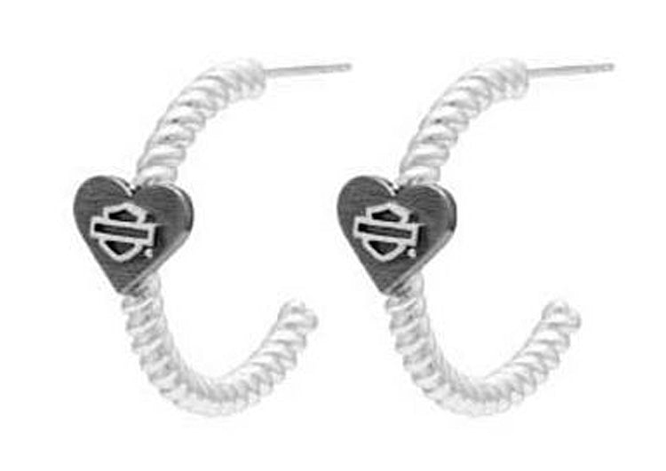 Harley-Davidson® Women's Sterling Silver B&S Black Heart Hoop Earrings