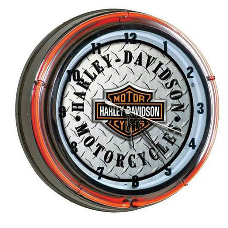 Harley-Davidson® Bar & Shield® Neon Clock | Diamond-Plate Pattern Face | Two Neon Sources