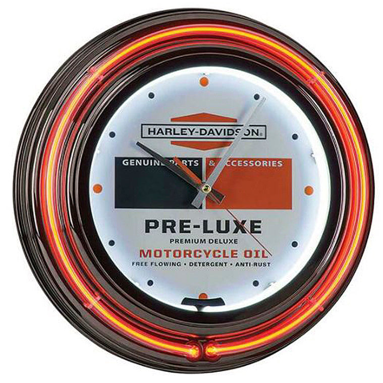 Harley-Davidson® Pre-Luxe Oil Can Graphic Double Neon Clock | Gunmetal Housing