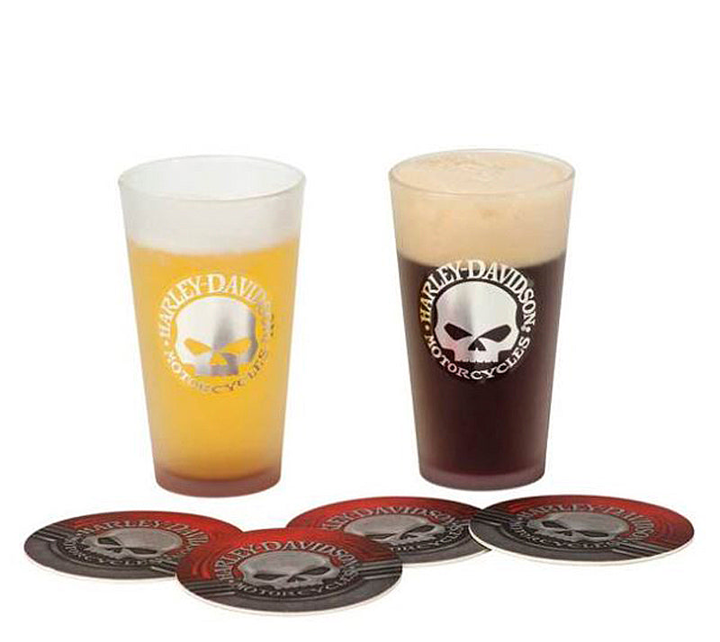Harley-Davidson® Willie G® Skull Pint Glass & Coaster Set | Set Includes Two Glasses & Four Coasters