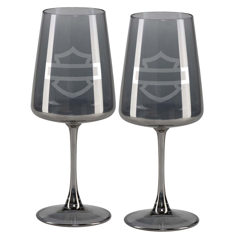 
                  
                    Harley-Davidson® Open Bar & Shield Smoke Grey Wine Glass Set | Set of Two Glasses
                  
                