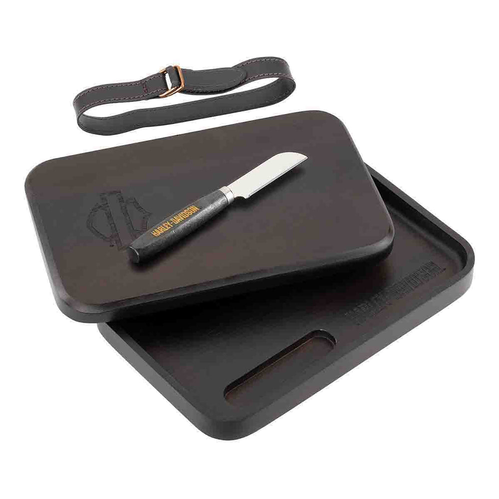 Harley-Davidson® Open Bar & Shield® Cutting Board & Knife Set | Black Acacia Wood