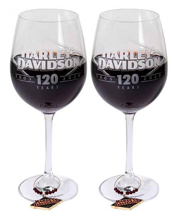 Harley-Davidson® 120th Anniversary Etched Wine Glass Set | Includes Wine Charms | Set of Two