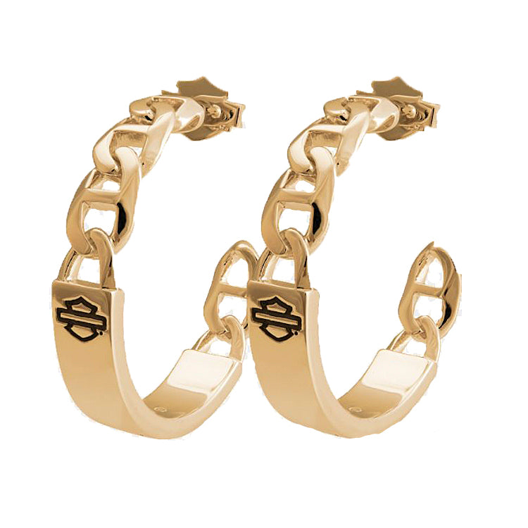 Harley-Davidson® Women's Gold-Tone Bar & Shield® Chain Hoop Earrings