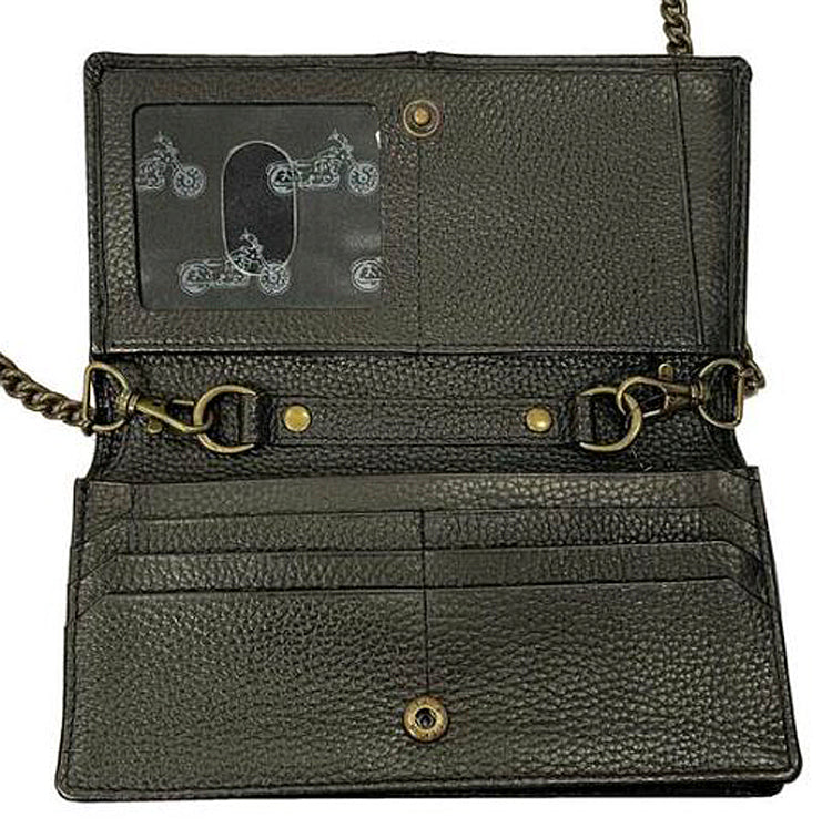 
                  
                    Harley-Davidson® Women's Midnight Rider Bi-Fold Clutch | Detachable Chain Strap | Antique Brass Flat-Head Studs
                  
                