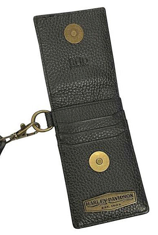
                  
                    Harley-Davidson® Women's Midnight Rider Front Pocket Wallet | Detachable Wristlet Strap | RFID Protection | Antique Brass Flat-Head Studs
                  
                