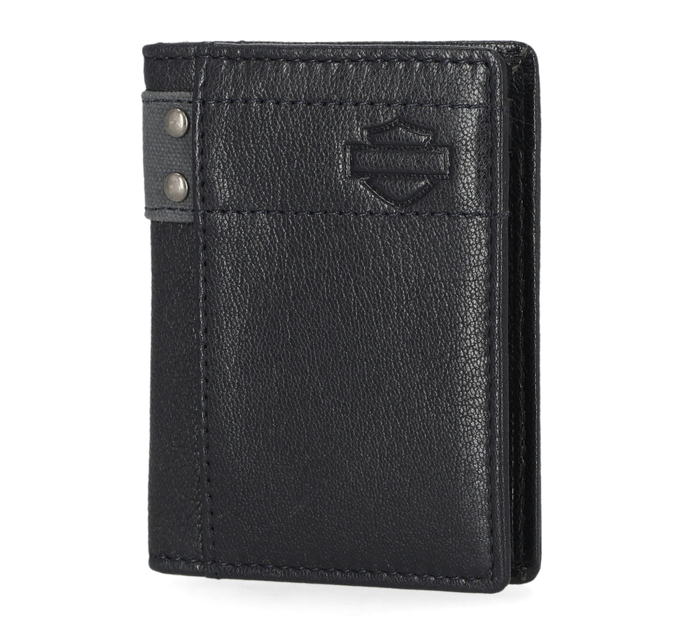 
                  
                    Harley-Davidson® Men's Calvary Canvas Genuine Leather Vertical Billfold Wallet | RFID Protection | Black
                  
                