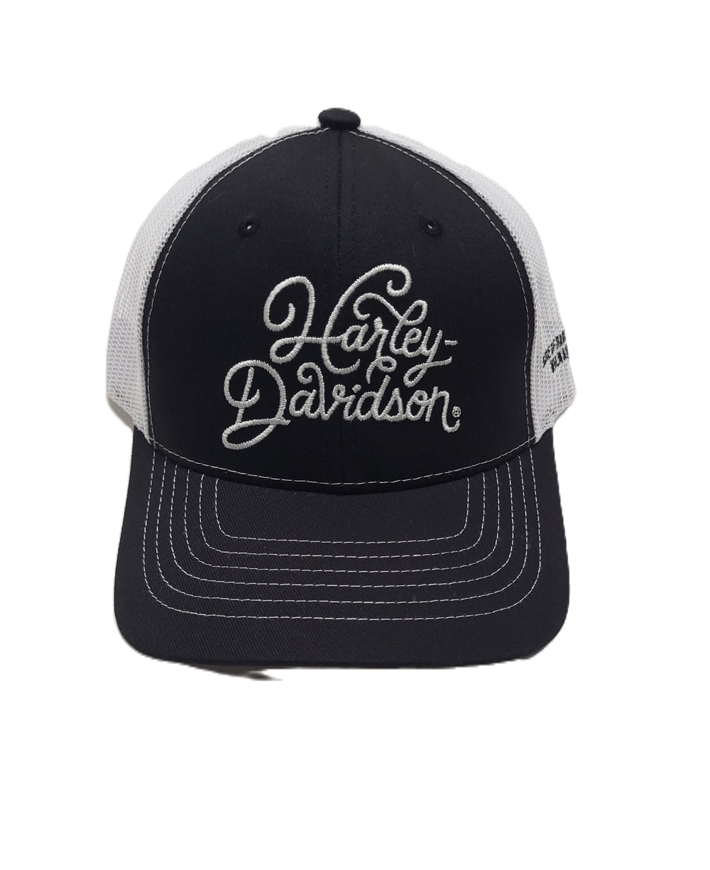 House of Harley Custom Embroidered Pony Tail Trucker Cap | Black & White