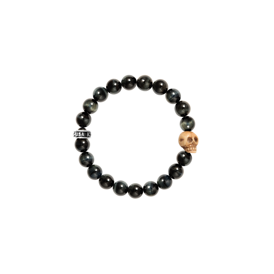 King Baby® 10MM Blue Tiger Eye Bracelet W/ Bone Skull