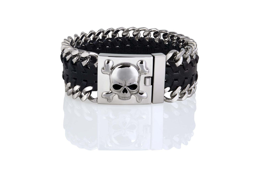 Men's Skull & Bones Leather & Chain Bracelet | 2 Sizes