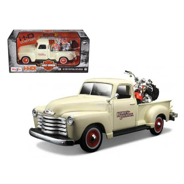 1:24 Die-Cast Vehicle Model 1950 Chevrolet Pickup Cream & 2001 FLSTS Heritage Springer Orange Harley-Davidson® | Collectible Maisto®