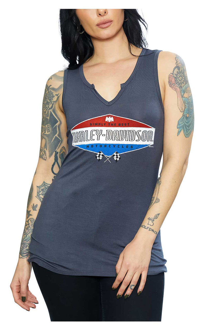 Harley-Davidson® Women's Race Ready Notched V-Neck Tank Top | Rhinestone Embellished