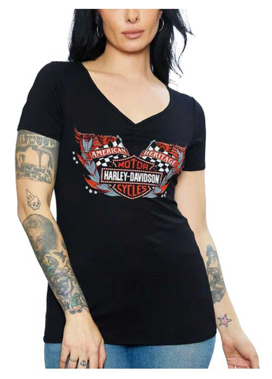 Harley-Davidson® Women's Me First Short Sleeve V-Neck T-Shirt | Rhinestone Embellished