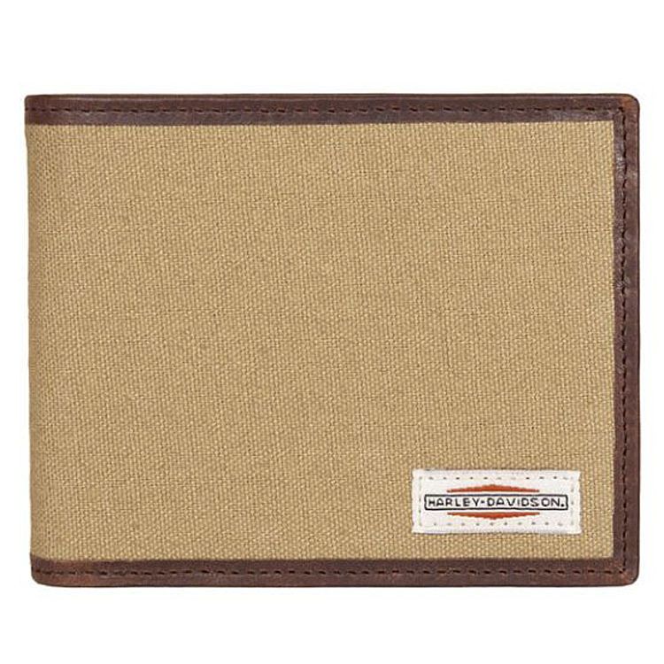 Harley-Davidson® Men's Patch Bi-Fold Wallet | Tan | Canvas With Leather Trim | RFID Protection