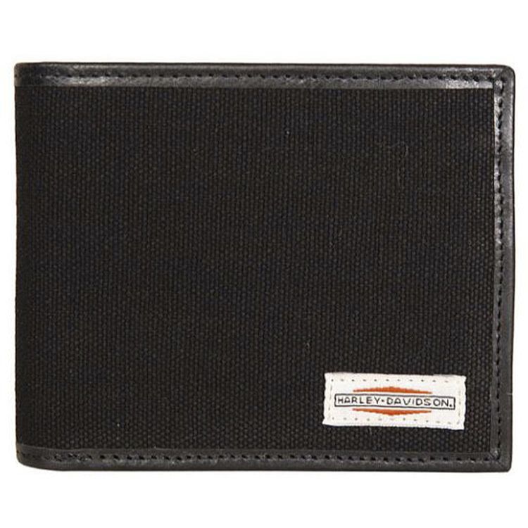 Harley-Davidson® Men's Patch Bi-Fold Wallet | Black | Canvas With Leather Trim | RFID Protection