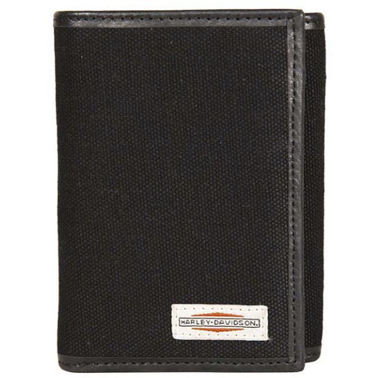 Harley-Davidson® Men's Patch Tri-Fold Wallet | Black | Canvas With Leather Trim | RFID Protection