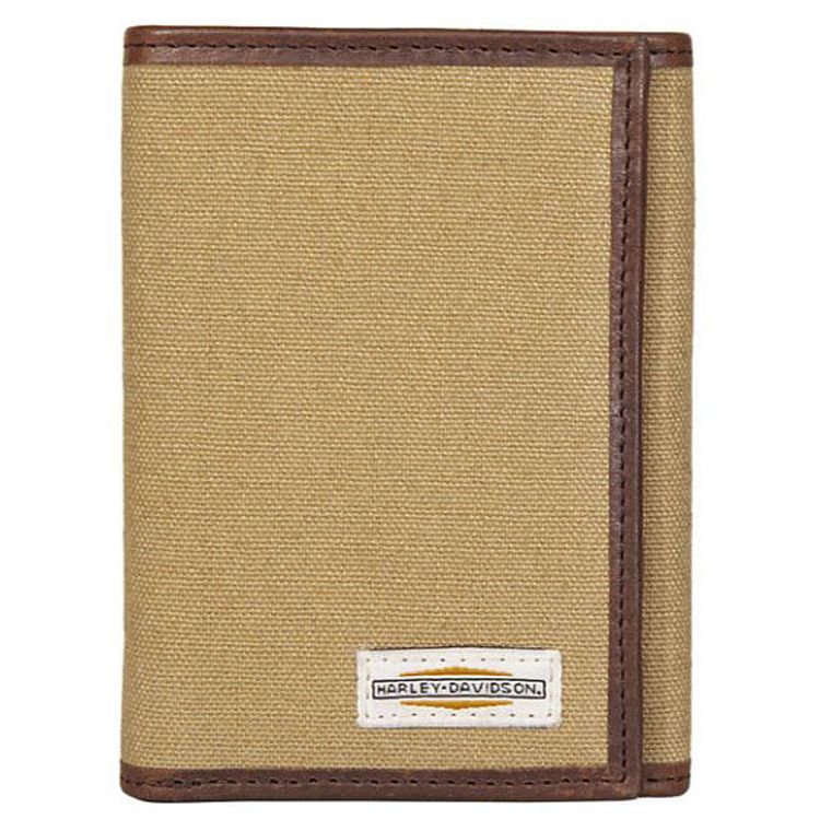 Harley-Davidson® Men's Patch Tri-Fold Wallet | Tan | Canvas With Leather Trim | RFID Protection