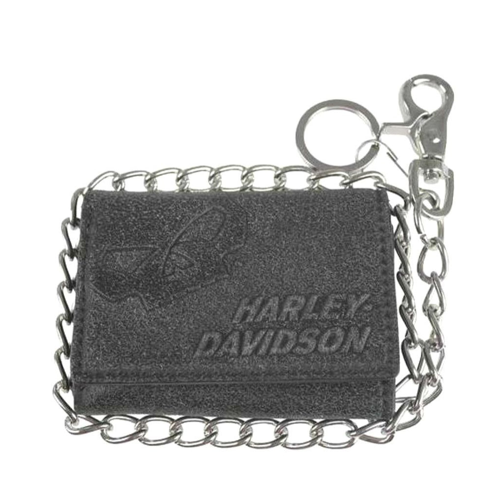 Harley-Davidson® Men's Skull Graphite Tri-Fold Short Biker Wallet | Zip Coin Pocket | 19