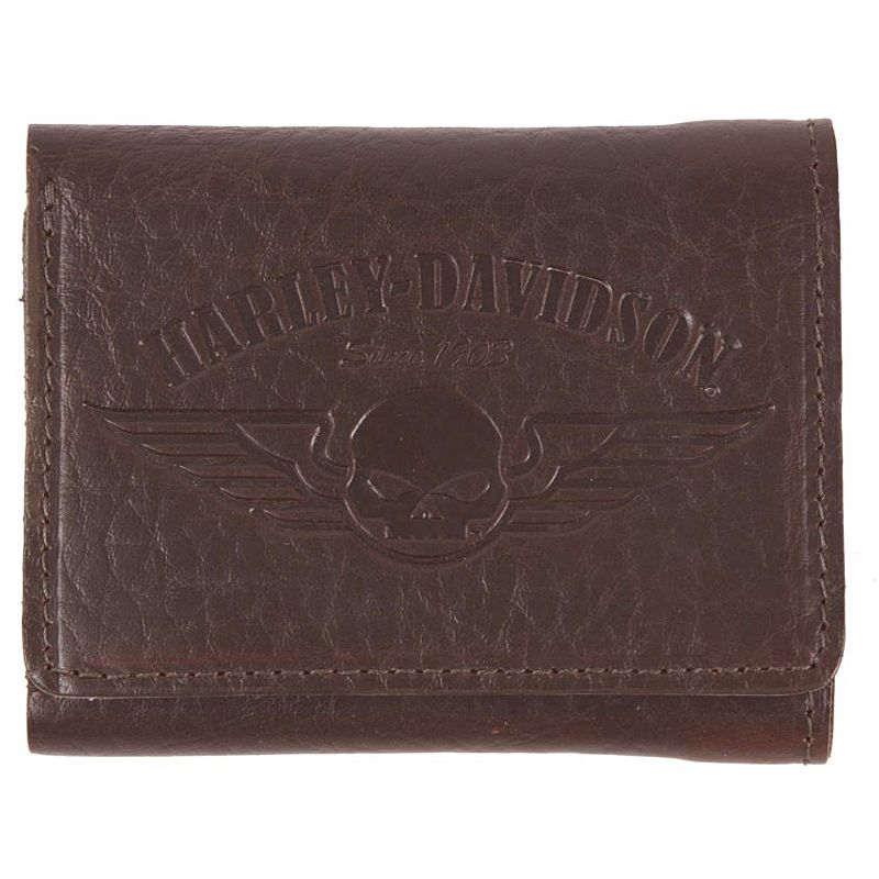 Harley-Davidson® Men's Genuine Bison Leather Classic Tri-Fold Wallet | Brown | Willie G® Skull Logo